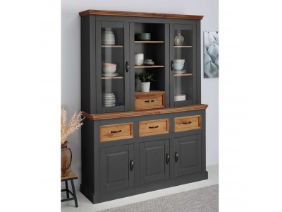 Balcão 3 portas e 3 gavetas com oratória com 1 gaveta 2 portas de vidro e 3 nichos e acabamento cinza grafite e cera| Coleção England